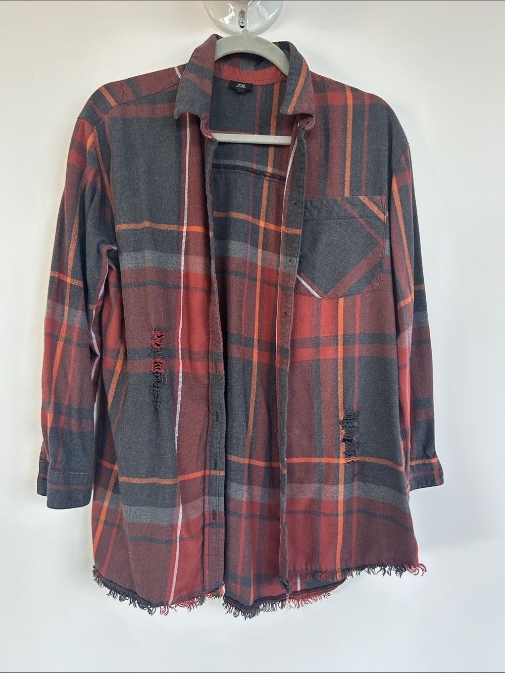 River Island Rust & Charcoal Distressed Plaid Shirt Jacket
